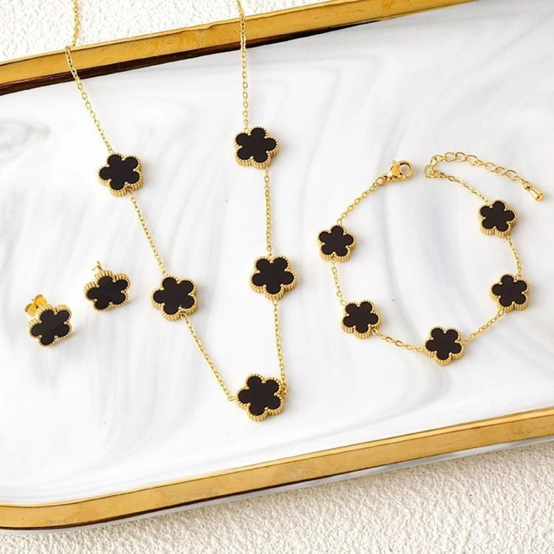 Conjunto de Joias Femininas 18K — Colar, Brincos e Pulseira Flor de Trevo 🌸✨