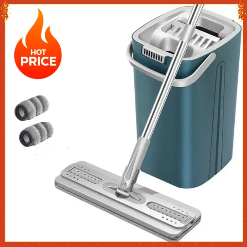 Hands-free Flat Floor Mop and Bucket Microfiber Magic Cleaning Tool with Squeegee Scalable Wet/Dry Use Home Kitchen Household