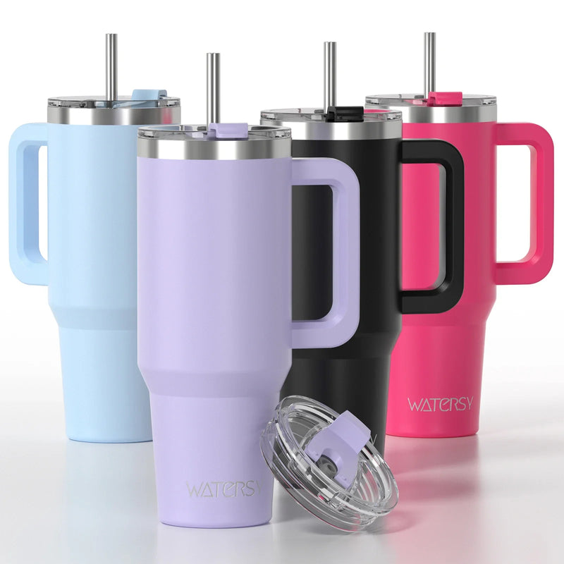 🥤 WATERSY – Vaso térmico de gran capacidad (30/40 oz) de acero inoxidable con asa y pajita, doble aislamiento al vacío para café ☕