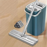 Hands-free Flat Floor Mop and Bucket Microfiber Magic Cleaning Tool with Squeegee Scalable Wet/Dry Use Home Kitchen Household