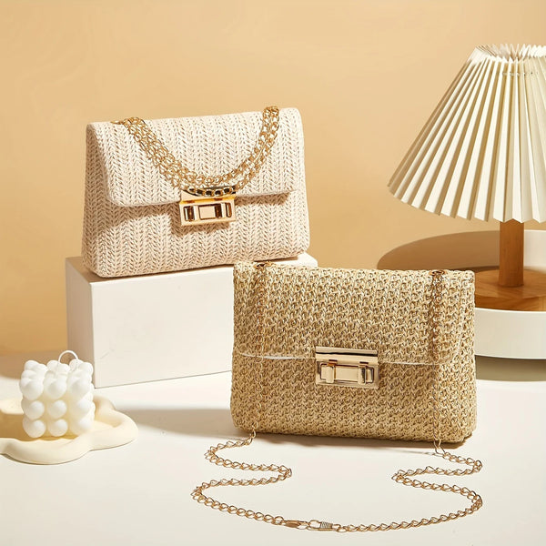 💎 Bolso Cruzado de Paja Tejida ✨ — Elegancia, Color Sólido y Cierre con Bloqueo 💃
