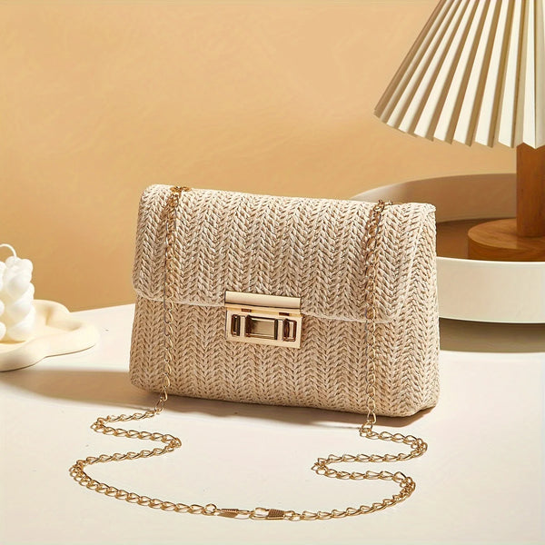 💎 Bolso Cruzado de Paja Tejida ✨ — Elegancia, Color Sólido y Cierre con Bloqueo 💃