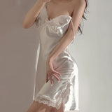 Sexy Lace V Neck Lingerie Dresses Women Night Dress Satin Sleepwear Lace Up Sleepwear Sleeveless Night Gown Bathrobe Nightdress