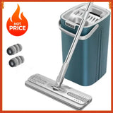 Hands-free Flat Floor Mop and Bucket Microfiber Magic Cleaning Tool with Squeegee Scalable Wet/Dry Use Home Kitchen Household