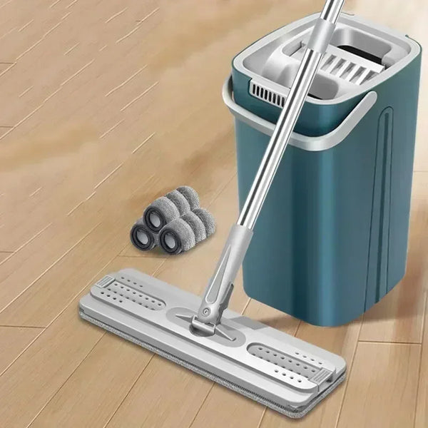 Hands-free Flat Floor Mop and Bucket Microfiber Magic Cleaning Tool with Squeegee Scalable Wet/Dry Use Home Kitchen Household