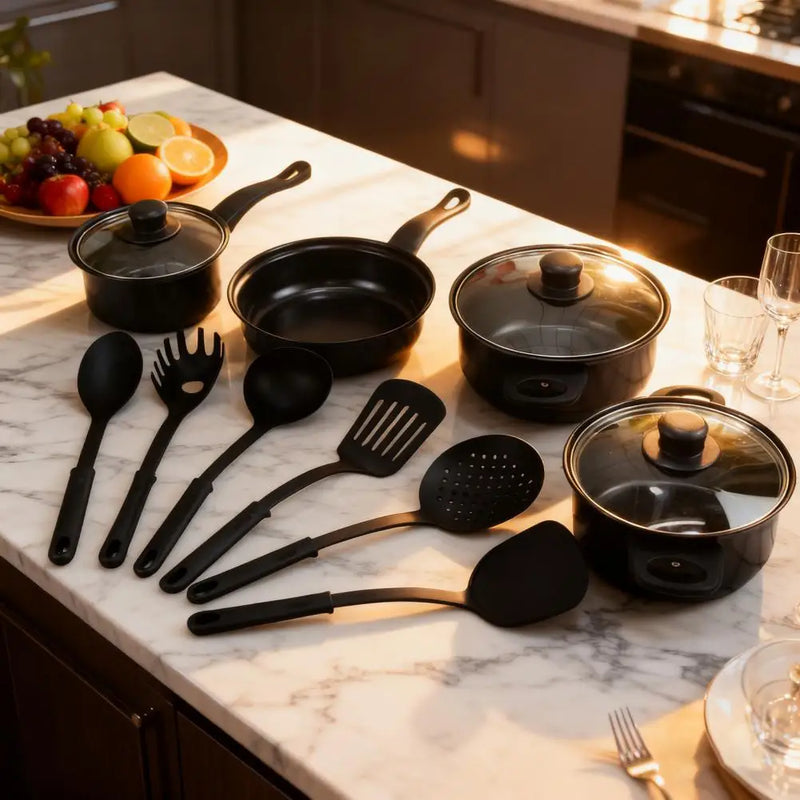 13-piece Cooking Set 13-piece Non-stick Cookware Set with Food-grade Iron Pots Anti-scald Handles Glass Lids Capacity for Home