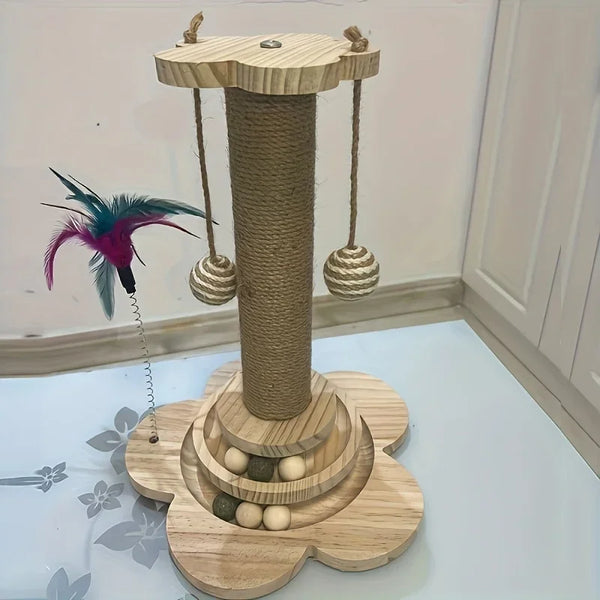 Solid Wood Cat Turntable Cat Scratching Post, Cat Teaser Stick, Cat Scratching Board for Cats, Durable Cat Toys