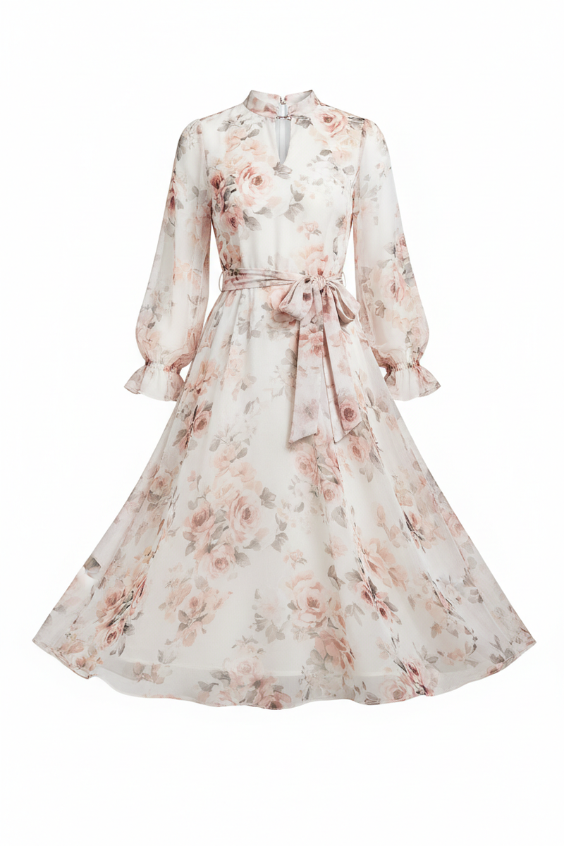 Vestido floral feminino midi em tons de rosa e branco